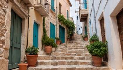 Fototapeta premium Charming Stone Staircase in a Mediterranean Village Terracotta Pots Blue Doors Old Town Architecture