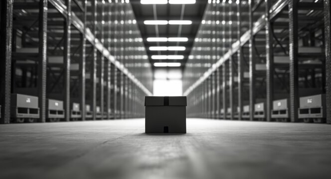 Single Cardboard Box in a Warehouse Aisle with Racks, Shelves and Boxes.
