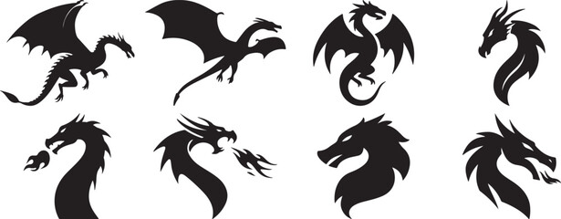 Naklejka premium Dragon Silhouette Vector Set – Mythical Fire-Breathing Creature Icons in Black