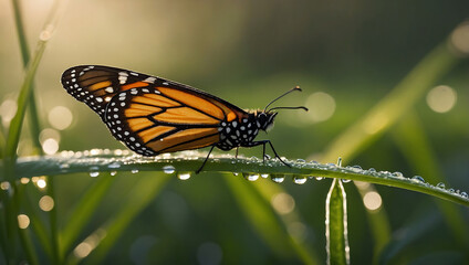 Monarch Butterfly Resting on Dewy Leaf at Sunrise 