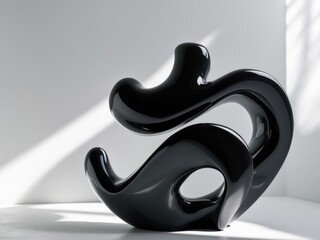 Abstract Black Glossy Sculpture on White Background, Modern Art Design