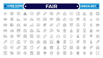 Fair icons such as fireworks, candy, balloons, cards, mole, fair, windmill vector thin icons for report, presentation, diagram, web design, mobile app. Editable stroke outline icon.
