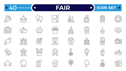 Fair icons such as fireworks, candy, balloons, cards, mole, fair, windmill vector thin icons for report, presentation, diagram, web design, mobile app. Editable stroke outline icon.
