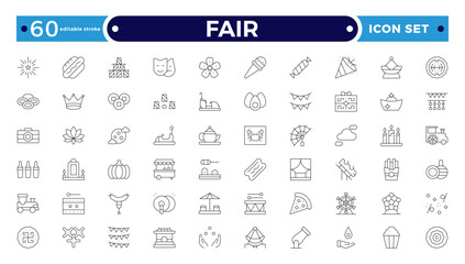 Fair icons such as fireworks, candy, balloons, cards, mole, fair, windmill vector thin icons for report, presentation, diagram, web design, mobile app. Editable stroke outline icon.
