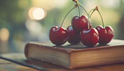 A vibrant collection of fresh cherries arranged atop an open book, creating a perfect blend of nature and literature. Ideal for food lovers and literary enthusiasts alike.