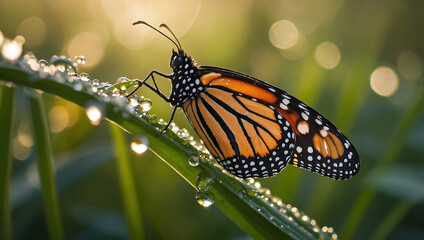 Monarch Butterfly Resting on Dewy Leaf at Sunrise 