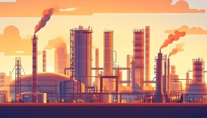 Obraz premium A vibrant depiction of a modern industrial complex against a stunning sunset backdrop, showcasing tall chimneys and structural frameworks that symbolize advanced manufacturing.