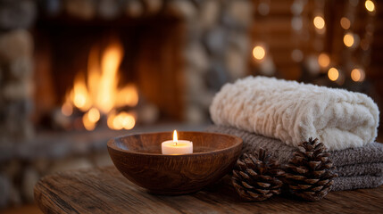 Warm and peaceful winter wellness scene, flickering candlelight in wooden bowl contrasts with roaring fire, spa towels and pine cones arranged artfully on cozy wooden bench.