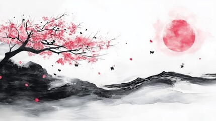 Ink wash landscape with blooming cherry tree and rising sun scenery