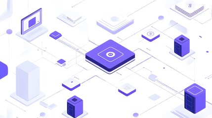 Abstract digital technology background featuring interconnected devices and servers with a modern design. Ideal for illustrating concepts of data, networking, and innovation.