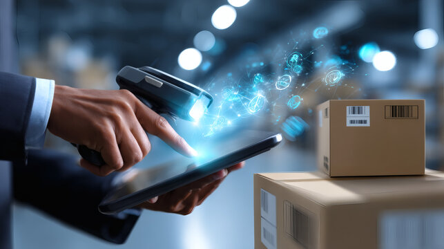 A worker scans packages with a barcode scanner and tablet, showcasing digital logistics and smart warehouse technology.