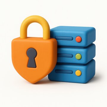 3D Render of Orange and Blue Cartoon Server with Padlock, Data Security Concept
