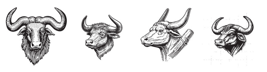Vintage Illustrations of Various Bull Heads in Black and White Style, logo design, engraving design, vector illustration