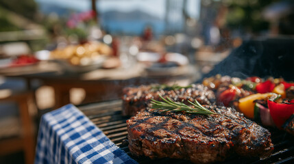 Outdoor summer barbecue with freshly grilled juicy meat and colorful vegetable skewers sizzling over smoky charcoal grill. Family gathers around rustic wooden table set with plates