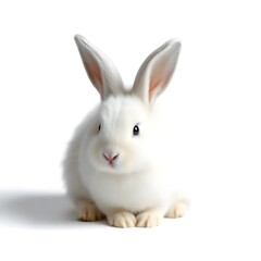 High Contrast Portrait of Fluffy White Bunny Rabbit – Low Key Lighting, Big Ears, Ultra HD Square Image on White Background

