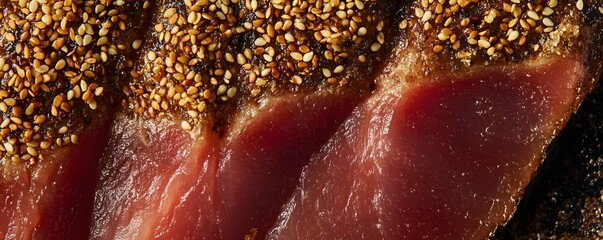 Close-up of seasoned raw meat, showcasing a rich blend of spices and textures. Ideal for culinary enthusiasts and food photography, featuring natural colors and appetizing details.