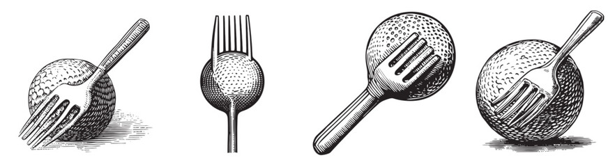 Vintage Illustration of Golf Ball and Fork Compositions for Art Design, vintage retro hipster logo design, vector illustration, engraving design