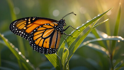 Monarch Butterfly Resting on Dewy Leaf at Sunrise 