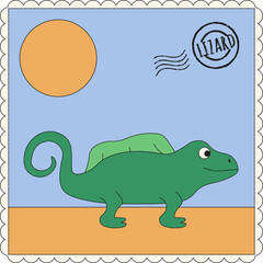 Fototapeta premium Salamander. Africa. Postage stampl. Monitor lizard. Whimsical summer postmark with Salamander in desert. Simple Summer poster copybook cover t-shirt print. EPS 10