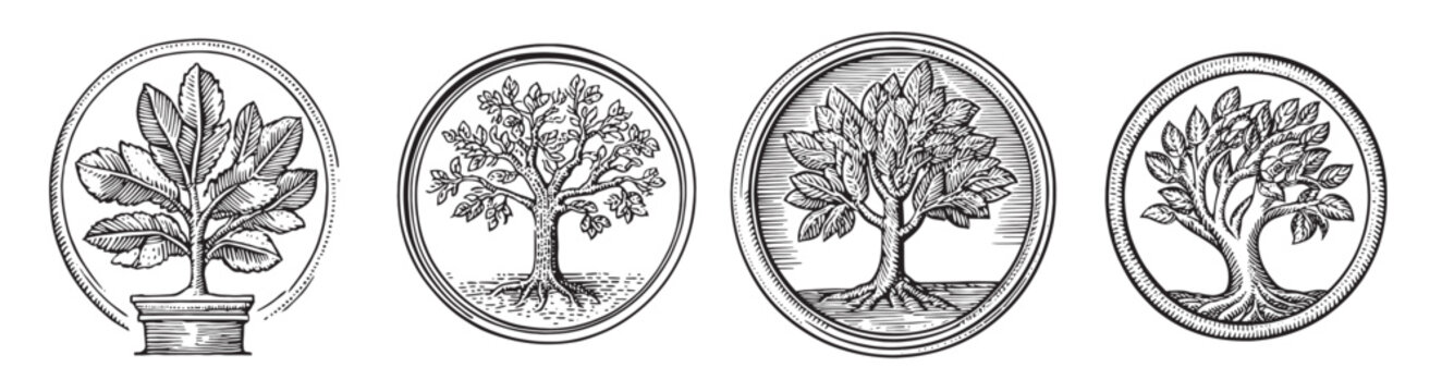 Vintage Botanical Illustrations of Four Distinct Tree Designs, vintage retro hipster logo design, vector illustration, engraving design