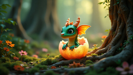 A cute baby dragon hatching from a glowing egg in a magical forest