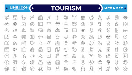 Travel and tourism outline icon set. Airplane, trip, beach, passport, summer vacations, luggage, camping, hotel. Collection of traveling and tourism elements. Editable stroke outline icon.
