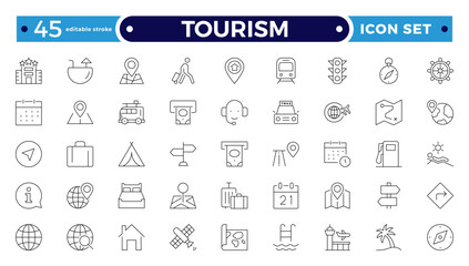 Travel and tourism outline icon set. Airplane, trip, beach, passport, summer vacations, luggage, camping, hotel. Collection of traveling and tourism elements. Editable stroke outline icon.
