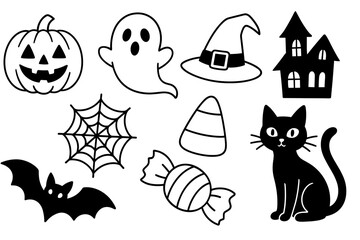Halloween icon set with pumpkins ghosts bats and other spooky cartoon symbols