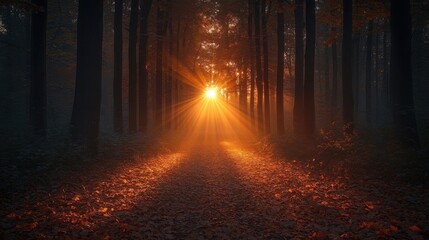 Golden Sunlight Piercing Through Dense Trees in a Serene Forest Landscape