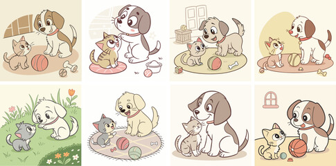 Cartoon puppies and kittens playfully interacting in cute scenarios for children&rsquo;s illustration
