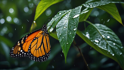 Wet Monarch Butterfly on Leaf in Rainforest