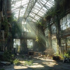 Overgrown greenhouse filled with sunlight and nature reclaiming urban decay at an abandoned location