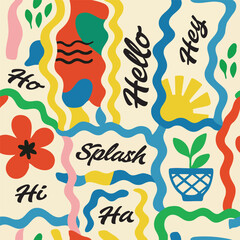 Seamless abstract pattern: hand-drawn squiggles, dots & shapes in pink, blue, green, yellow, orange & black. Playful, bold Memphis-style design for vibrant backgrounds & dynamic textiles