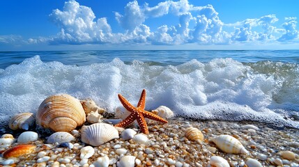 Tide pools with starfish and seashells on a sunny day