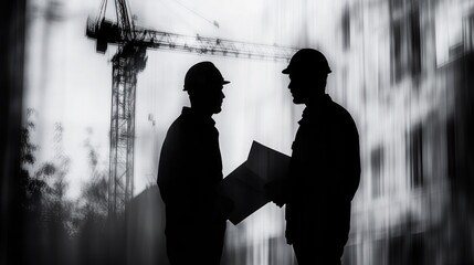 Silhouette of construction workers in the background of a tall building under construction and a towering construction crane.