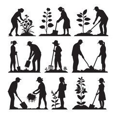 set of black various gardening people vector silhouettes isolated on white background
