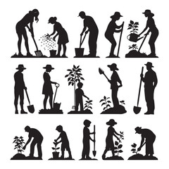set of black various gardening people vector silhouettes isolated on white background