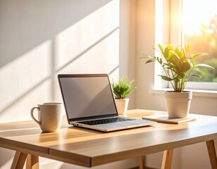 Fototapeta premium Empty home office desk with a laptop, keyboard, and coffee cup, ready for business work