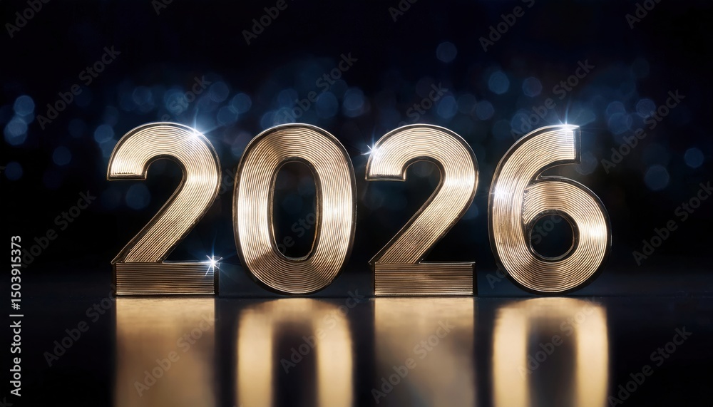 Poster golden 2026 metallic numbers with reflective floor and sparkling bokeh lights for new year celebrati