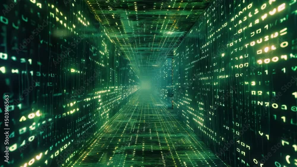 Poster experience an immersive journey through a digital tunnel filled with glowing binary code and vibrant