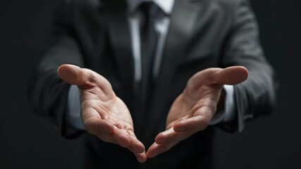 Business professional extends hands in welcoming gesture against dark background, showcasing trust and confidence in corporate setting