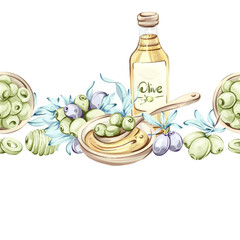 Olives and olive oil framed in a seamless pattern showcasing Italian cuisine and nature beauty