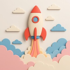 Paper Craft Rocket Launching Through Pastel Clouds