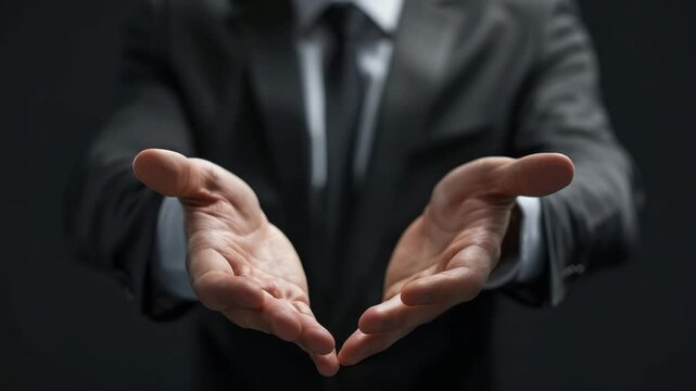 Business professional extends hands in welcoming gesture against dark background, showcasing trust and confidence in corporate setting
