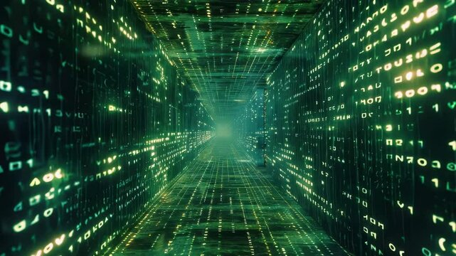 Experience an immersive journey through a digital tunnel filled with glowing binary code and vibrant light effects in stunning 4k resolution