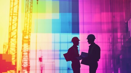 Silhouette of construction workers in the background of a tall building under construction and a towering construction crane.
