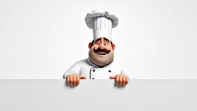 A cheerful, plump 3D cartoon chef character, wearing a classic toque and uniform, smiles warmly while peeking over a white surface, ideal for food, cooking, restaurant, and welcoming themes.