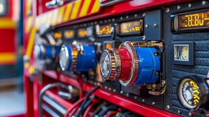 Fire alarm, alert and installation concept. Control panel of a fire truck with buttons and gauges.