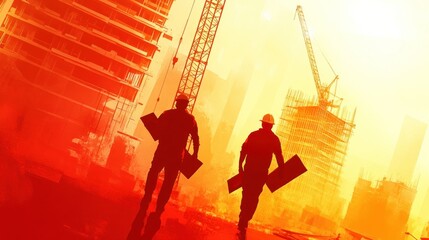 Silhouette of construction workers in the background of a tall building under construction and a towering construction crane.