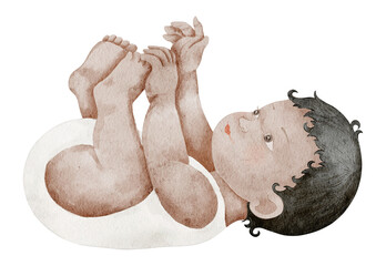 Watercolor illustration of a dark skinned Baby. Drawing of Infant for baby shower invitations or nursery prints. Art of child for newborn party greeting cards in psastel neutral colors.